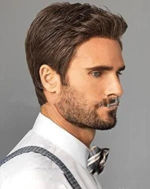 A premium men's wig in a short, straight brown style made with high-quality temperature-resistant fibres for a natural, comfortable fit.