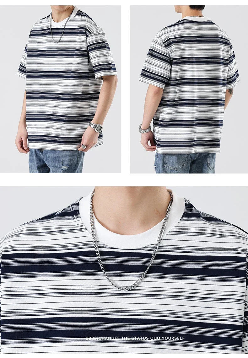 Retro contrast color striped teen t-shirt in navy blue, perfect for casual summer looks