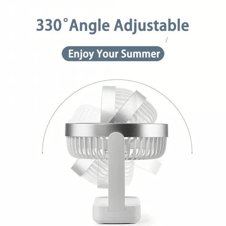 A compact, rechargeable USB desk fan with adjustable speed settings and a tilting head for targeted airflow.