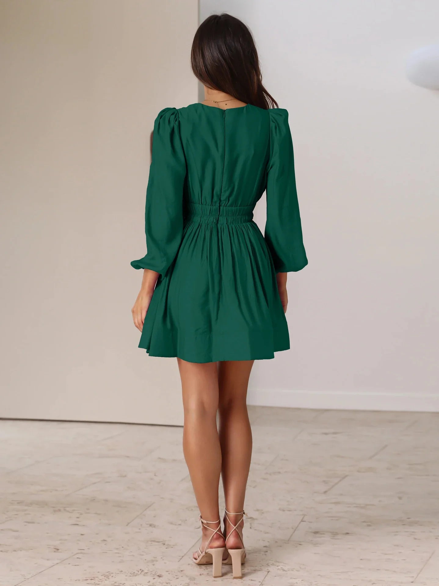 Elegant V-Neck Pleated Dress for Stylish Women - Crafted with Premium Polyester, Flattering Silhouette, Delicate Ruffles