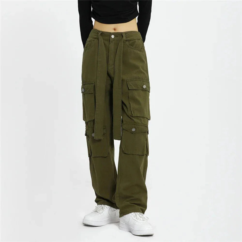 Army green cargo trousers with multiple pockets and a straight fit for a classic, versatile look