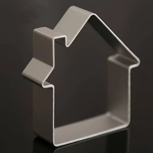 Premium eco-friendly geometric metal cookie cutters set in various colours, including silver, gold, and rose gold.