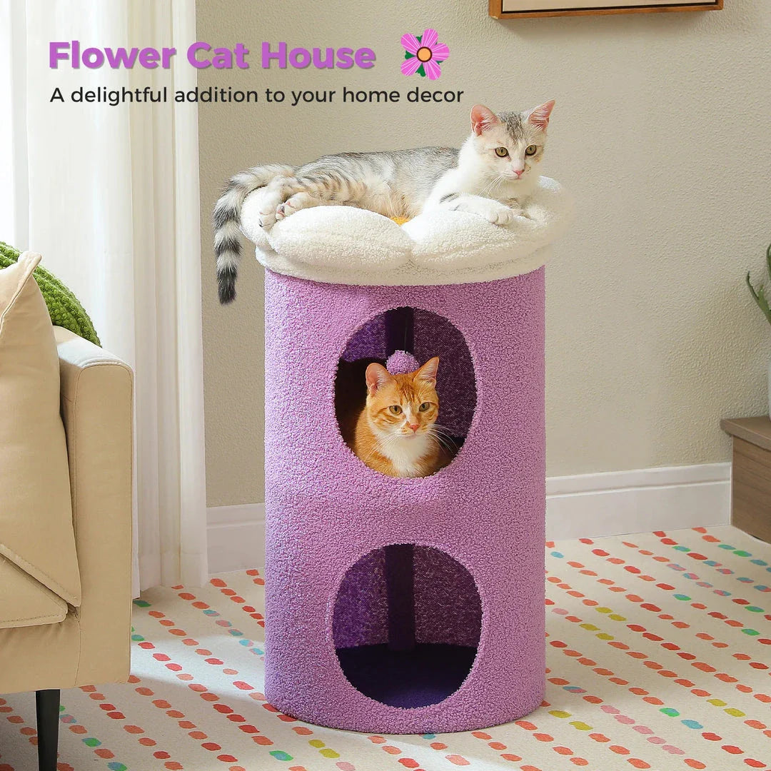 Luxurious double-decker cat bed with charming flower-shaped perch and interactive toy, made with soft corduroy fabric for maximum comfort.