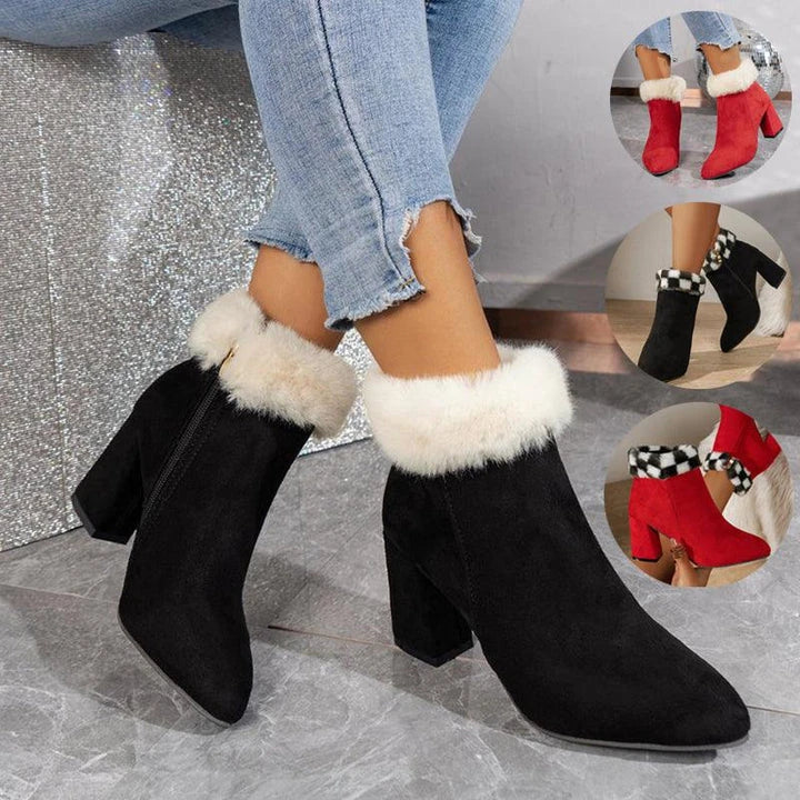 Premium plaid print ankle boots with a cosy lining, sturdy square heel, and versatile design for stylish winter wear