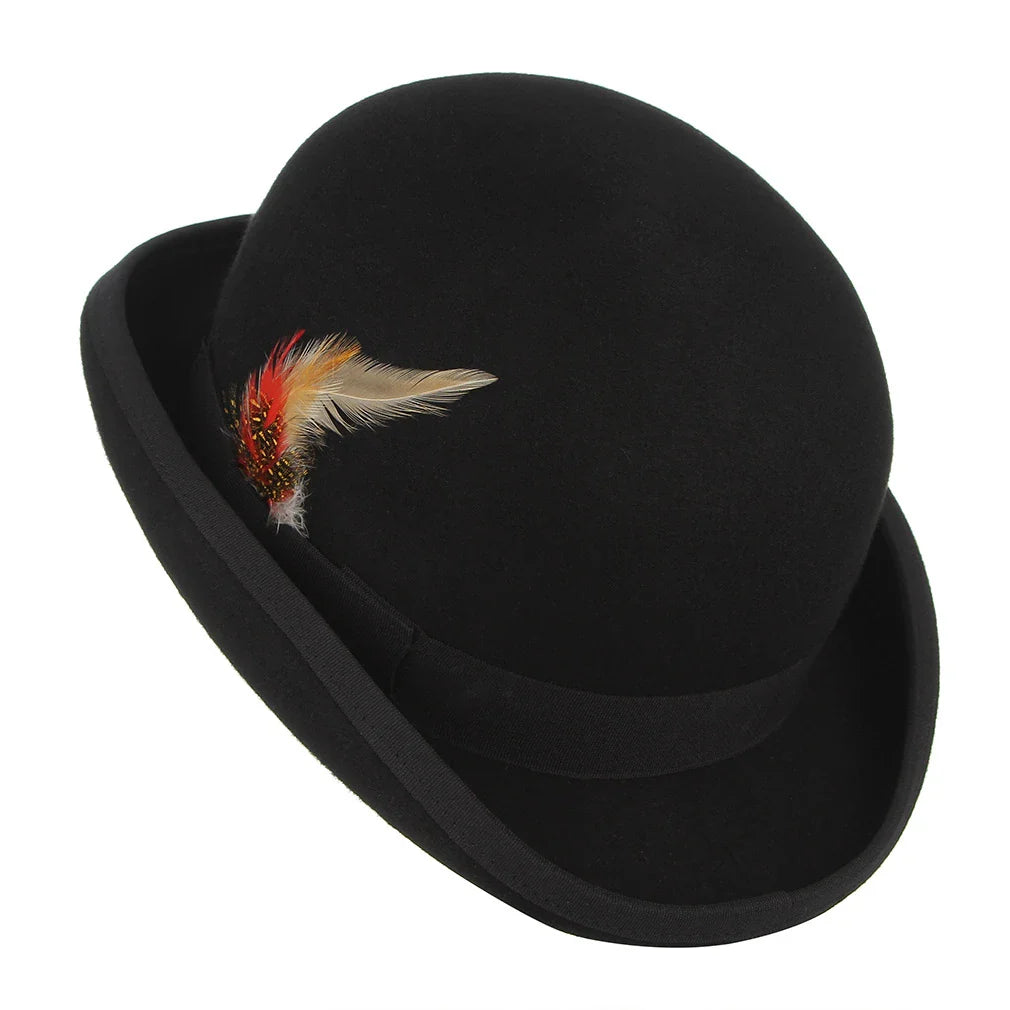 Timeless British Wool Bowler Hat with Delicate Feather Trim - Sophisticated and Elegant Headwear