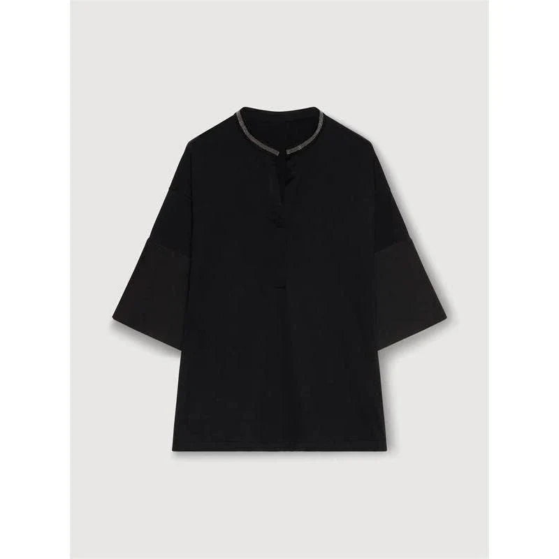 Stylish bead-embellished split-hem t-shirt in white, designed for the modern British woman with a touch of elegance and comfort.