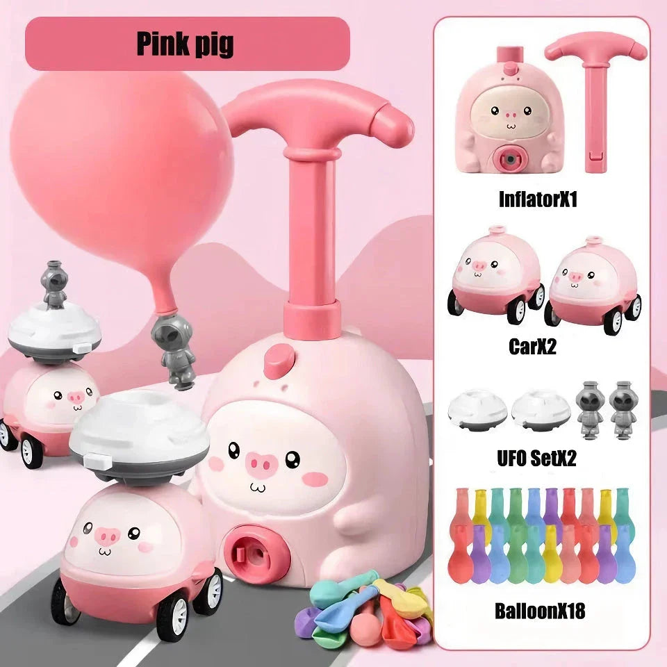 Balloon-powered launcher and car set for children, featuring a pink pig design and components for educational science play