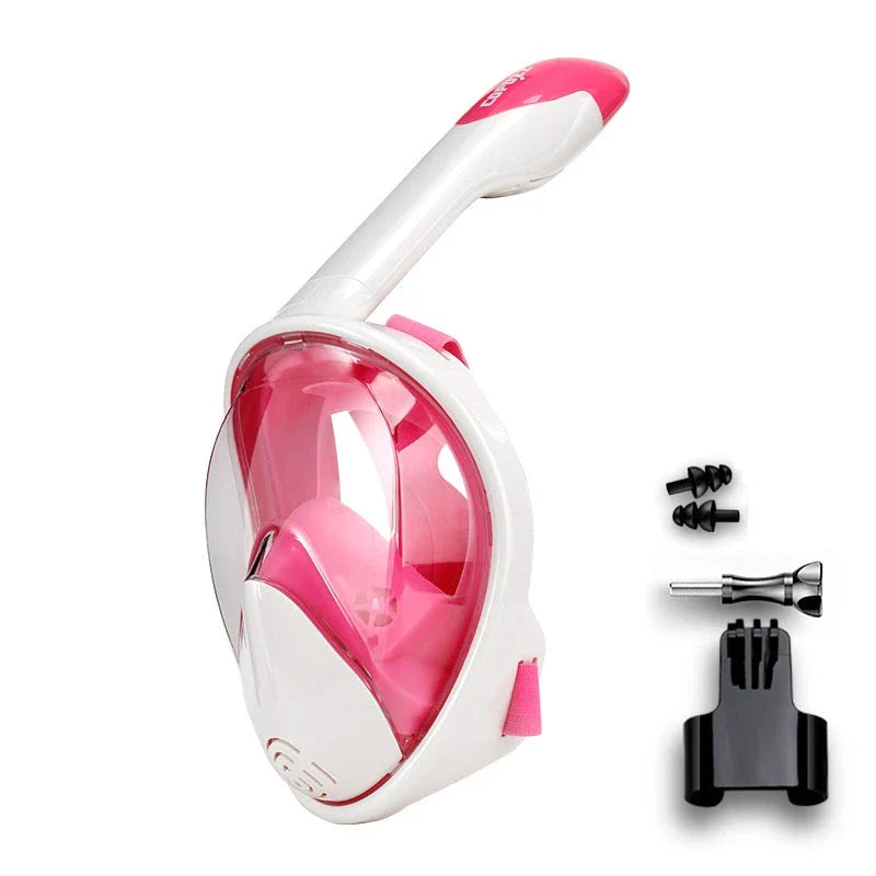 Premium full face anti-fog snorkel mask with wide 180-degree viewing and adjustable camera mount