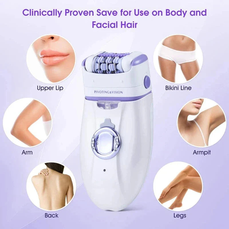 Premium 3-in-1 electric epilator and shaver for women with carbon steel blades, two speed settings, and built-in LED light for smooth, hair-free skin