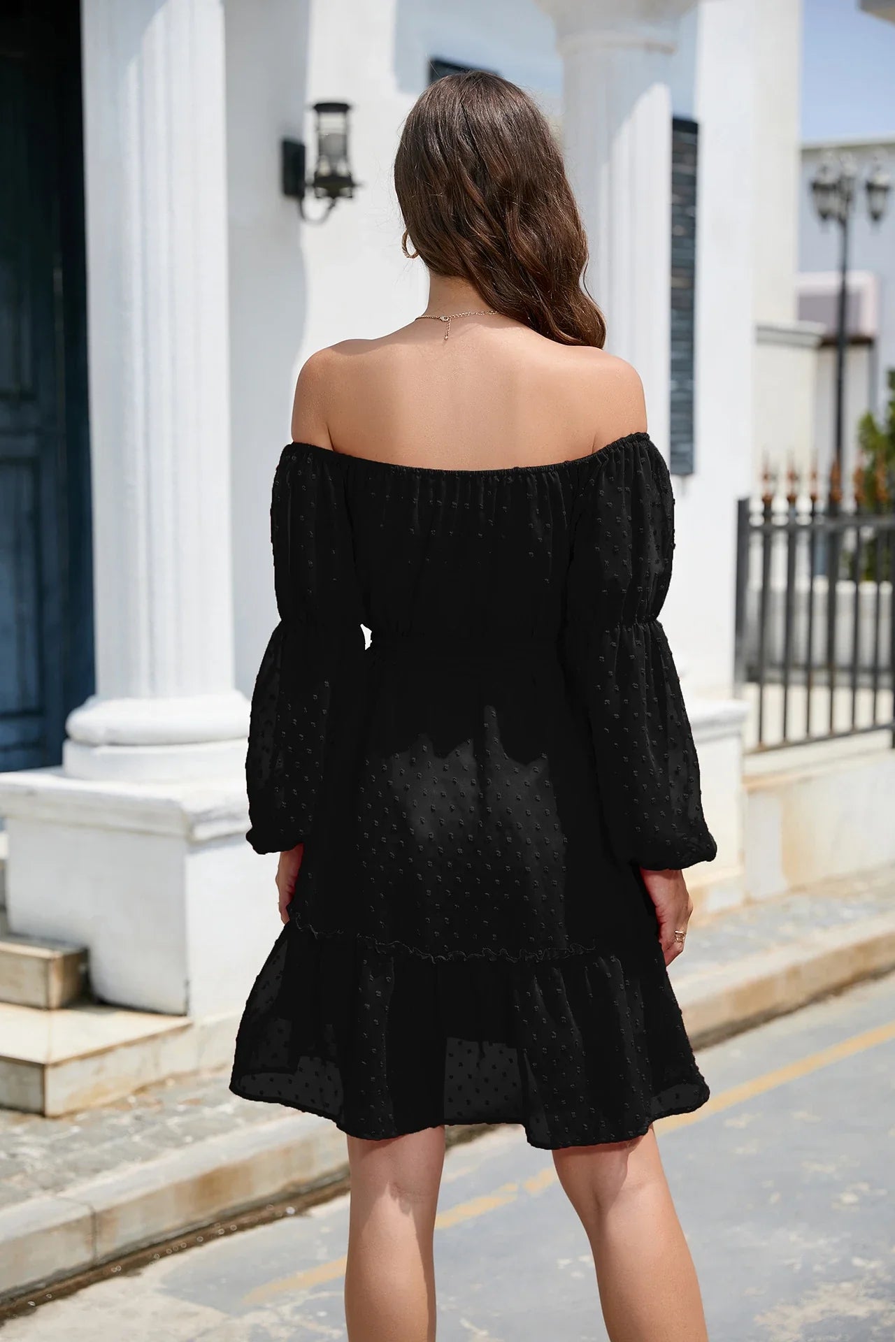 Stylish one-shoulder chiffon dress with ruffled bubble dot design, available in various sizes and blue colour