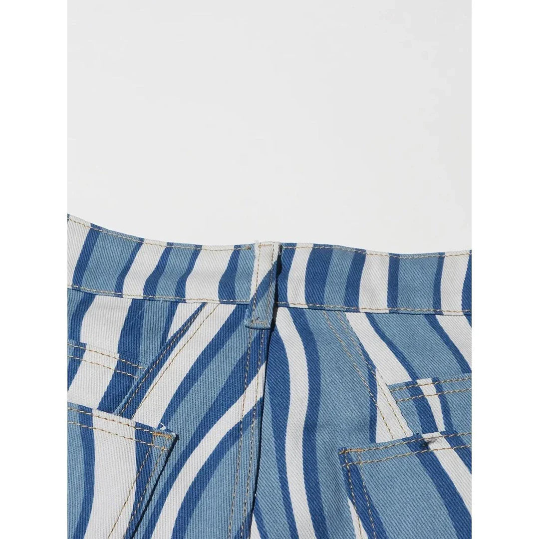 Women's high-waist striped denim trousers in a stylish blue colour, featuring a unique pattern and functional design for everyday wear.