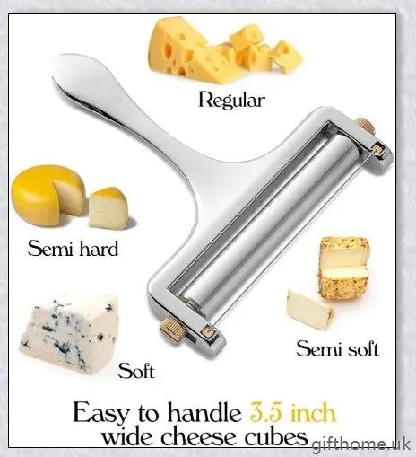 Adjustable cheese slicer with an ergonomic handle and a wire cutting mechanism for precisely slicing hard and soft cheeses to your desired thickness