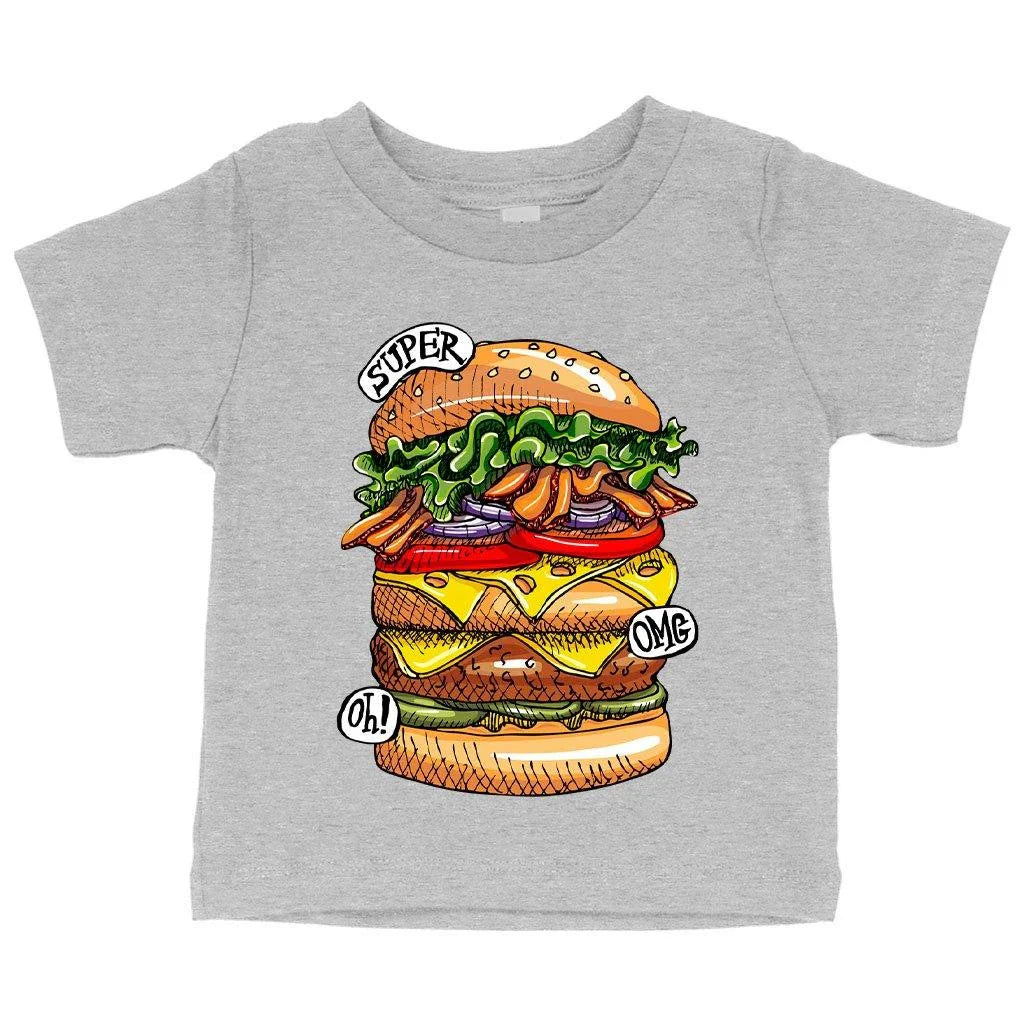 Trendy Baby Burger T-Shirt in white, featuring a cute burger graphic design for comfortable and stylish baby clothing