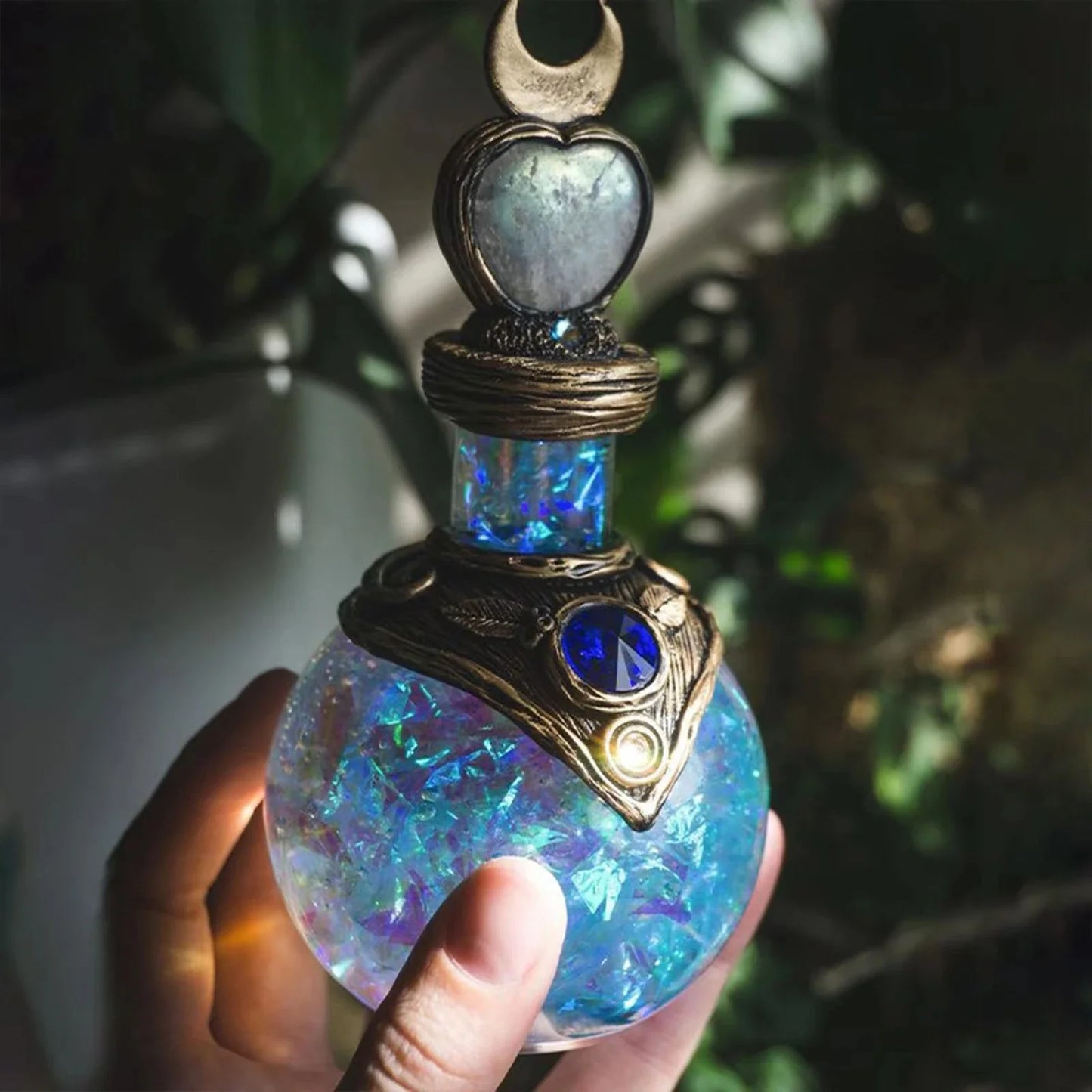 Shimmering resin mermaid bottle with iridescent tail, bathed in moonlight and captivating ambience