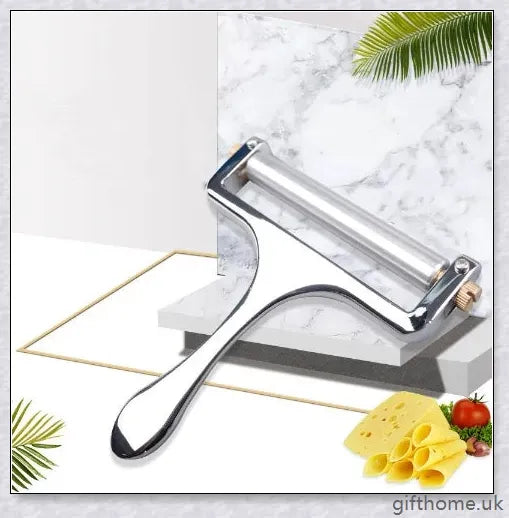Adjustable cheese slicer with an ergonomic handle and a wire cutting mechanism for precisely slicing hard and soft cheeses to your desired thickness