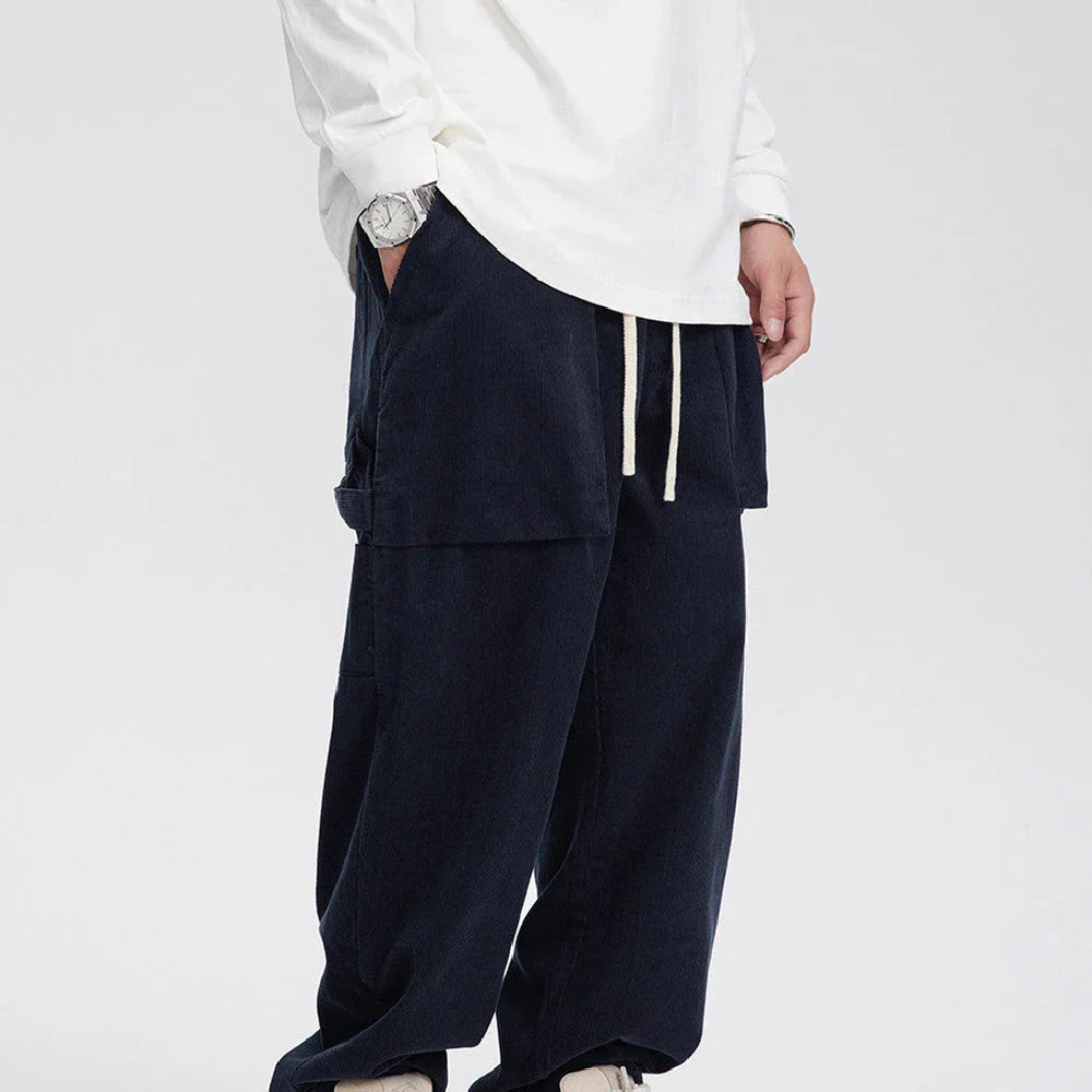 Retro corduroy straight-leg casual trousers for men in khaki and navy blue colours