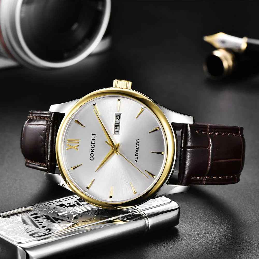 A sophisticated automatic mechanical watch with a gold/white or gold/black face, stainless steel case, and genuine leather strap