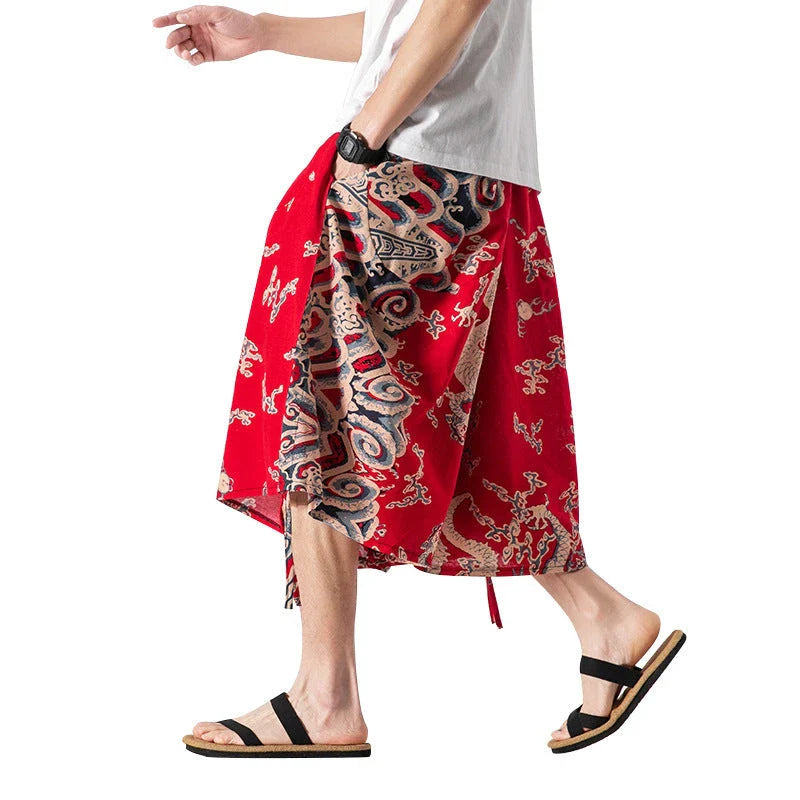 Men's loose-fitting Chinese-inspired cropped pants with a dragon or elephant floral pattern in navy blue, red, or coffee colours