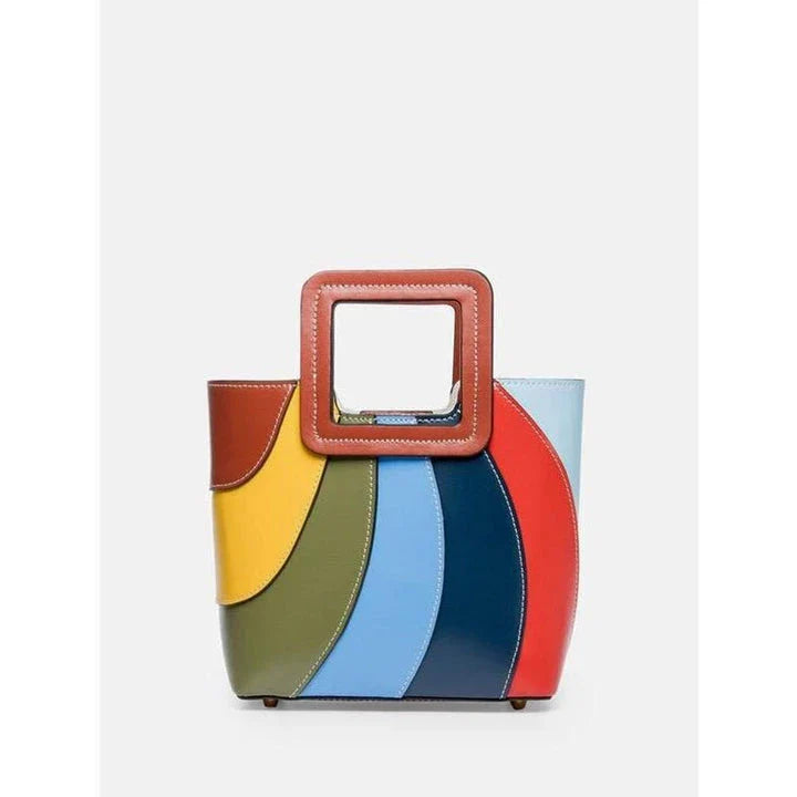 Stylish patchwork vegan leather tote bag with vibrant colour design and versatile carrying options