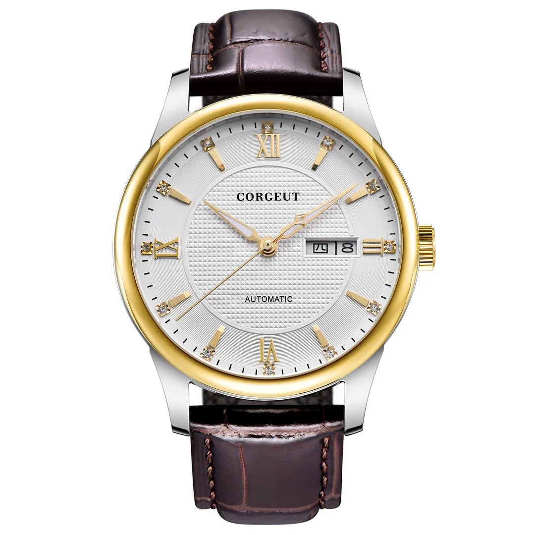 A sophisticated automatic mechanical watch with a gold/white or gold/black face, stainless steel case, and genuine leather strap
