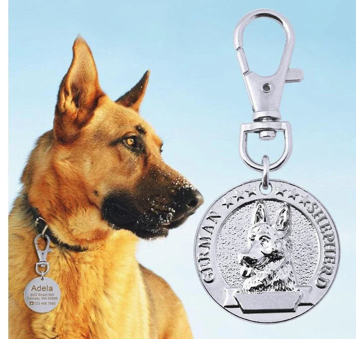 A premium silver dog ID tag with a customized engraved design, providing both style and practical functionality for your beloved canine companion.
