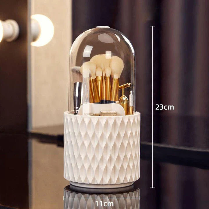 360 degree rotating makeup brush storage box in elegant white design