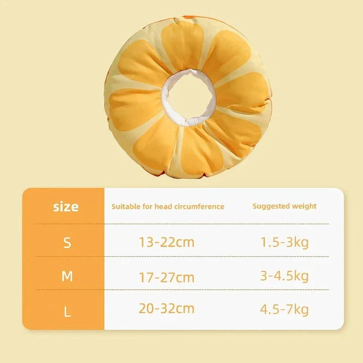 A vibrant orange fruit-shaped recovery collar for cats, designed to protect and comfort your pet during their healing process.