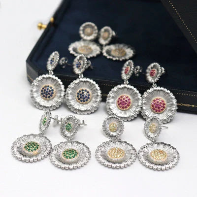 Long Small Daisy Stud Earrings in two-tone design for fashionable British women