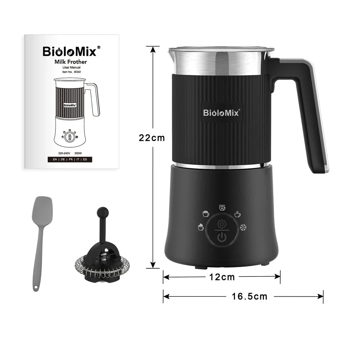 Detachable 5-in-1 Milk Frother and Steamer with stainless steel body and black finish