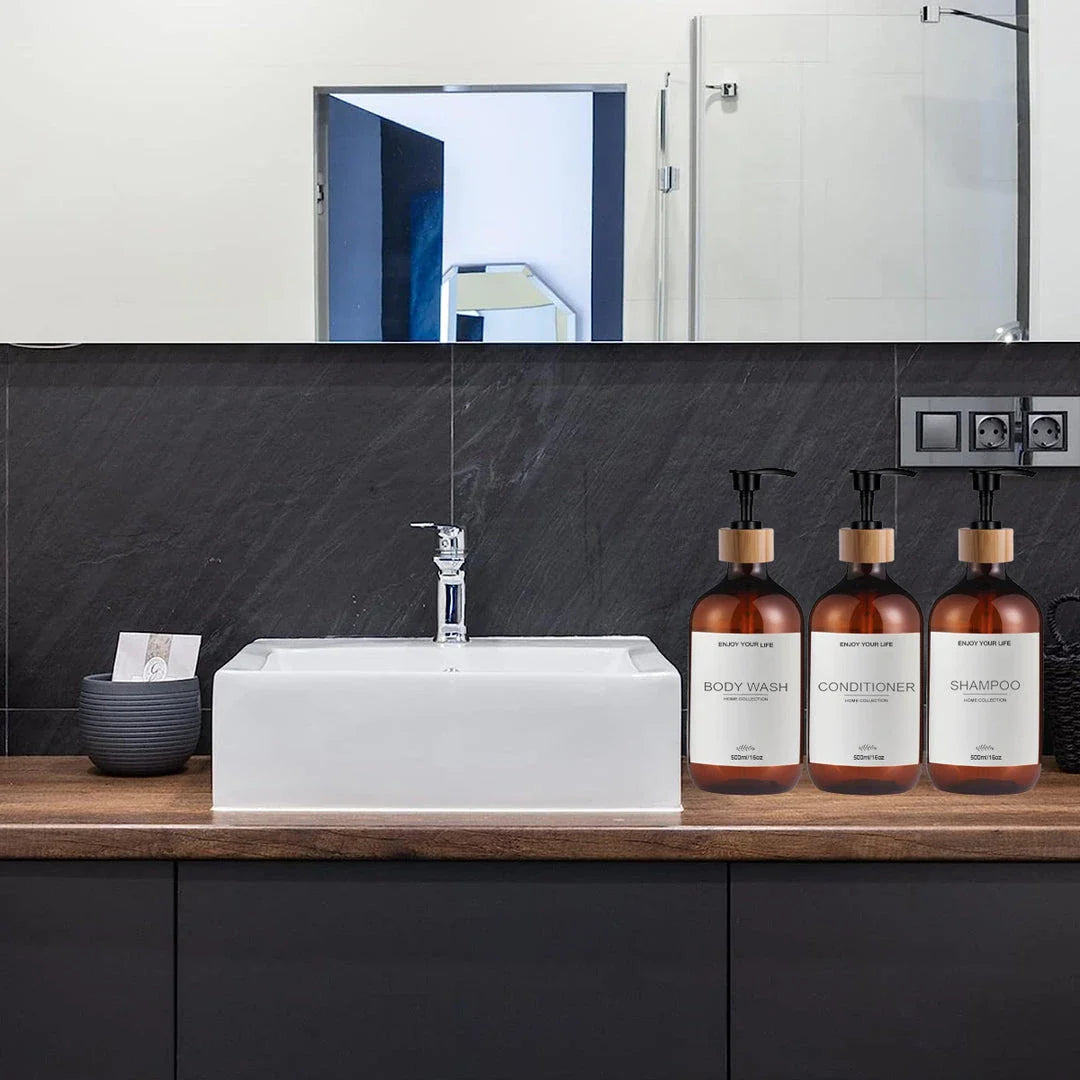 Elegant 500ml British soap and shampoo dispensers in various colours, designed to organise and elevate your bathroom space