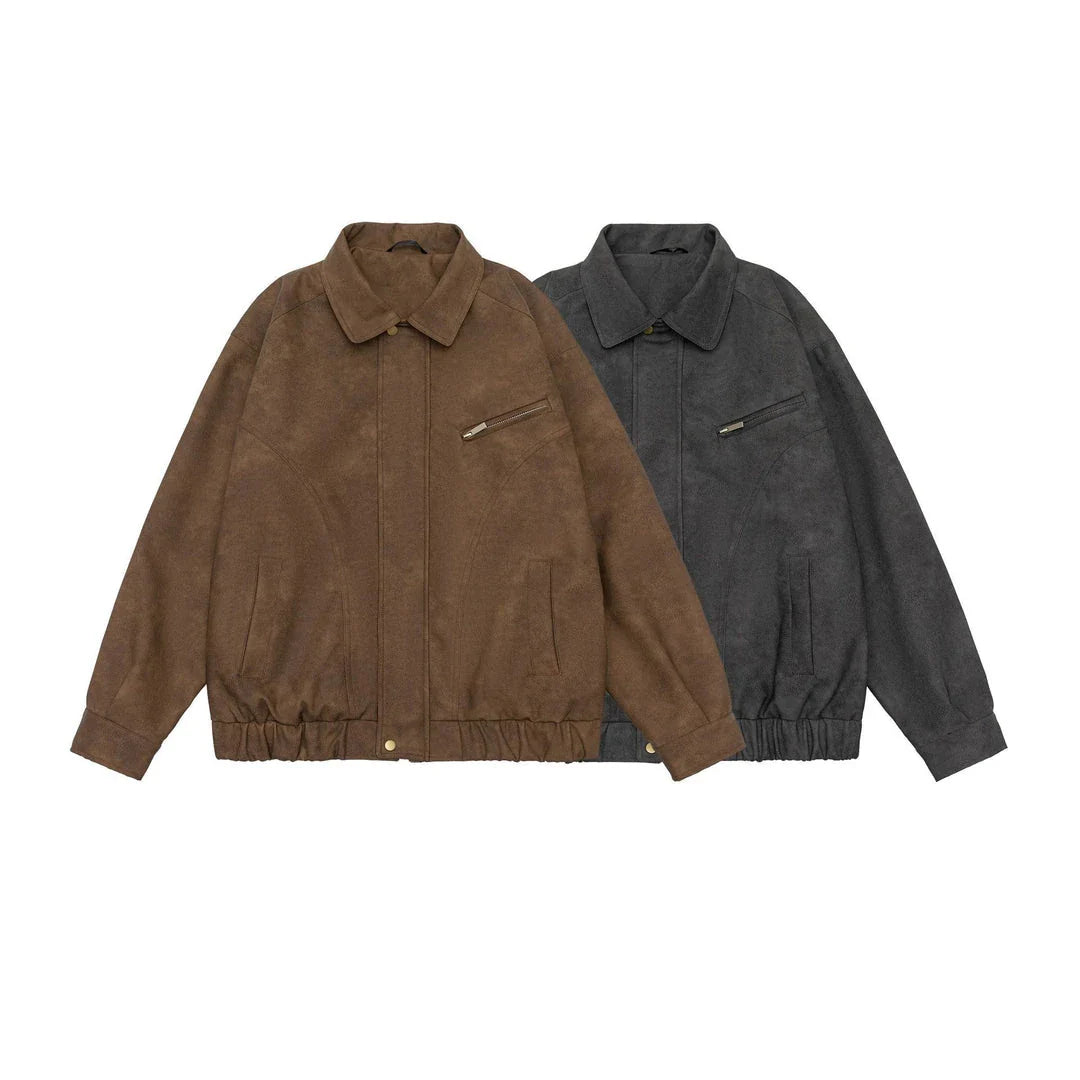 Premium vintage-inspired PU leather jacket in brown and grey colours, featuring a relaxed, tailored fit for the discerning British gentleman.