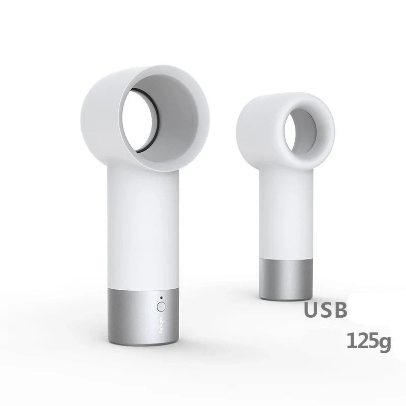 Compact, cordless, and bladeless fan with a sleek, white design and a powerful 900mAh battery for portable cooling.