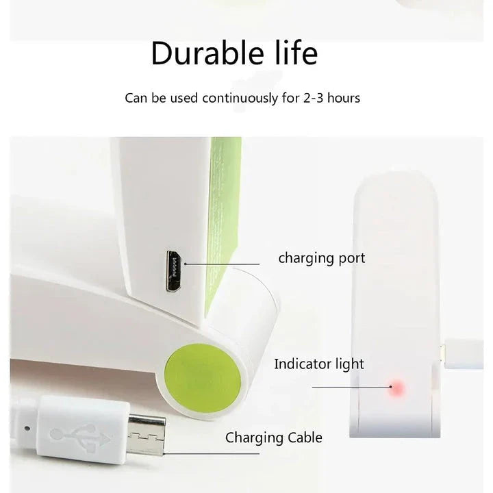 Compact, rechargeable handheld fan in pink and green colours with foldable and adjustable design for portable cooling
