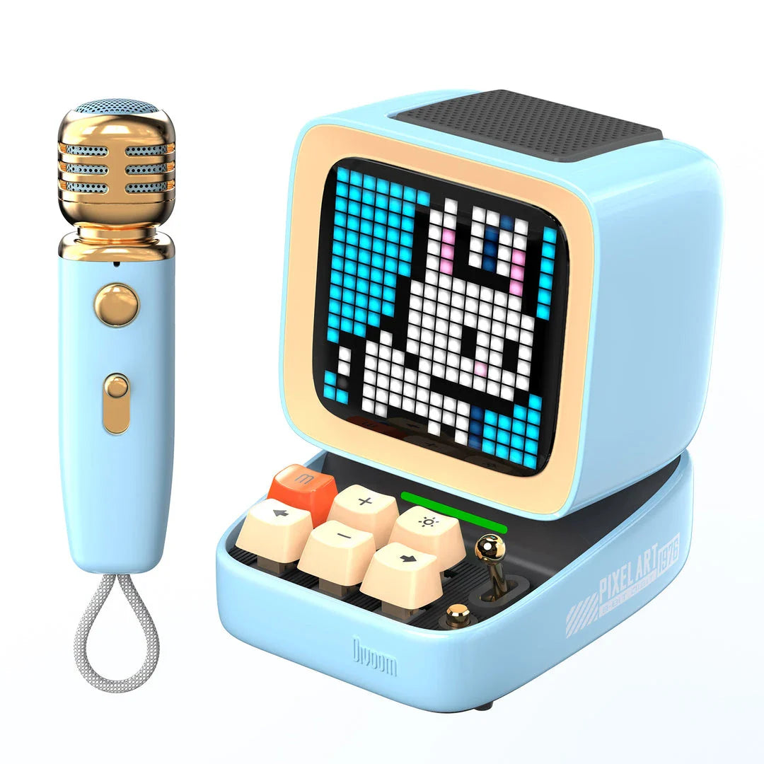 Ditoo-Mic Bluetooth Speaker with pixel art display, karaoke microphone, and retro design