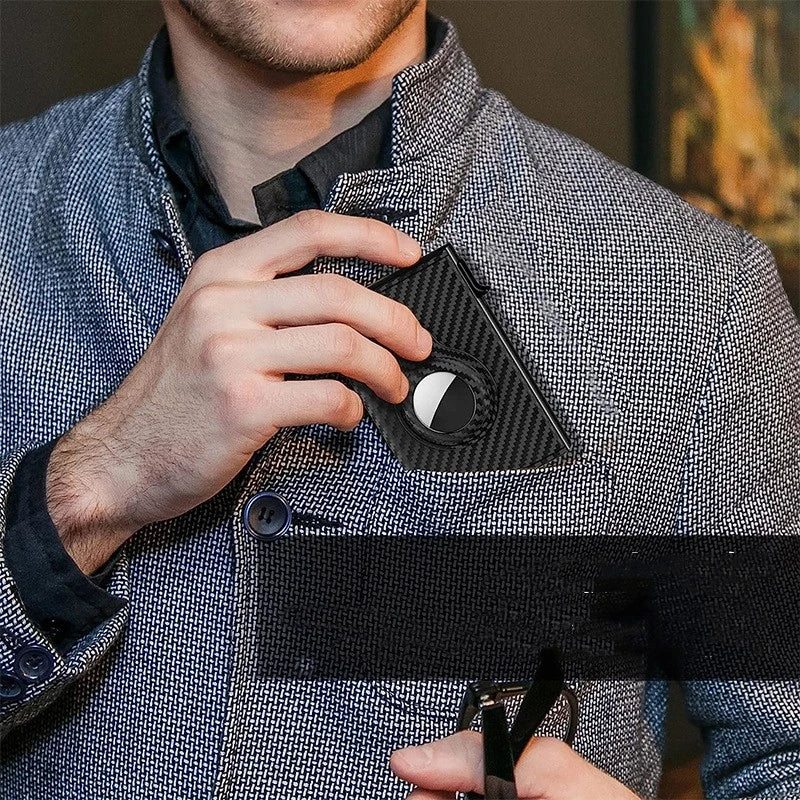 Premium carbon fibre and genuine leather card holder with stylish black and stripe design, offering anti-theft protection and ample storage for the modern UK consumer