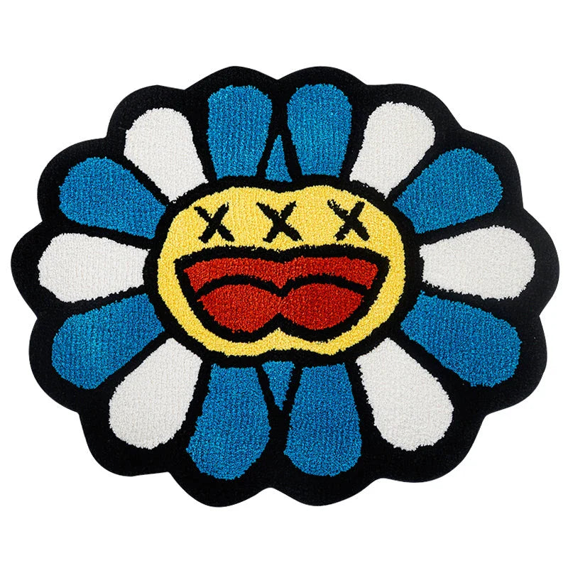 Cheerful smiling face tufted carpet in pink and blue colours, a plush and comfortable home decor item