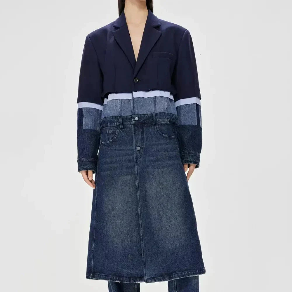 A stylish patchwork denim trench coat with a classic silhouette and a modern edge, perfect for the autumn and winter seasons.
