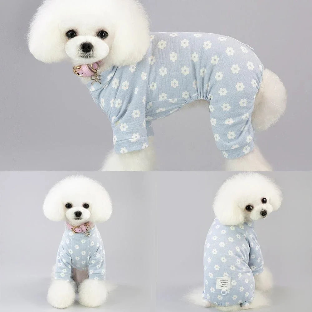 Floral cotton dog jumpsuit in blue and pink hues, providing comfort and style for your canine companion
