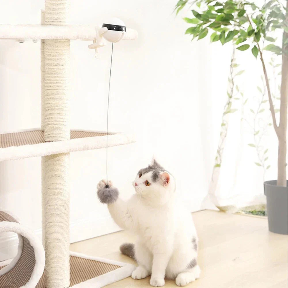 Electric automatic lifting cat ball toy in grey, white, and black colours, designed to captivate and entertain cats with its engaging puzzle features.