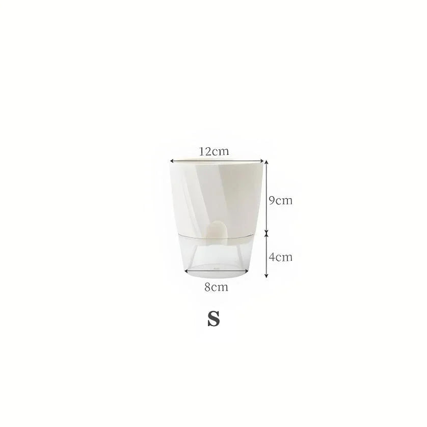 Stylish self-watering transparent planter with water level indicator and lush plant growth