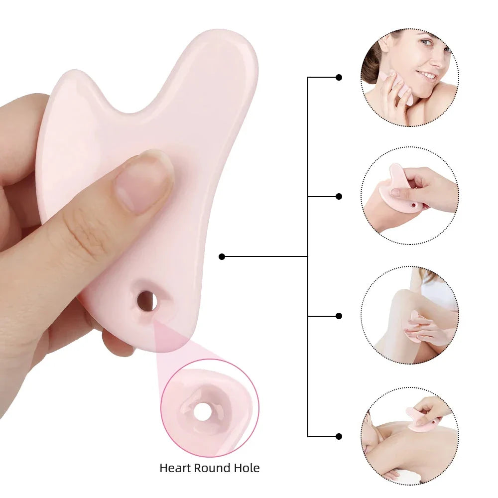 Ceramic Gua Sha facial massager in blue, pink, and white colours, designed to improve circulation and promote lymphatic drainage for radiant, youthful skin.