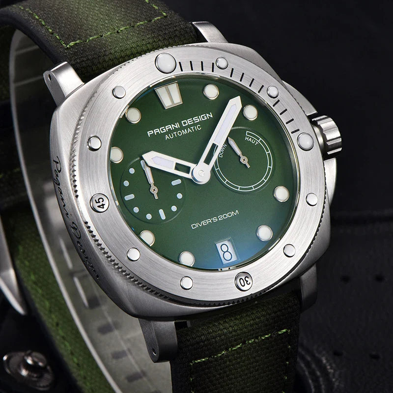 Sophisticated waterproof automatic mechanical watch with stainless steel case and textile strap, available in black, grey, green, and blue colour options