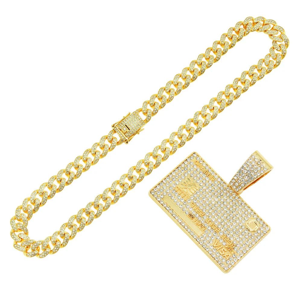 Men's Cuban Link Necklace with Geometric Hexagon Pendant and Subtle Diamond Inlay