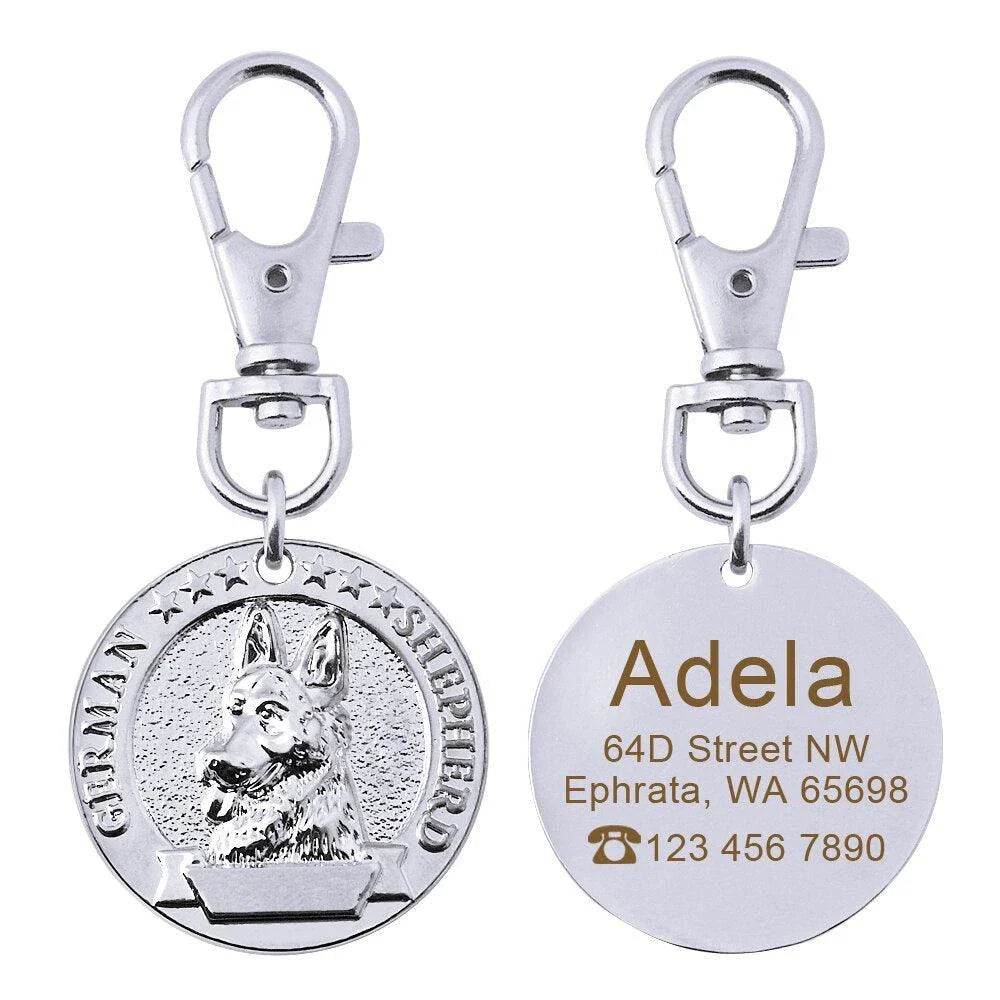 A premium silver dog ID tag with a customized engraved design, providing both style and practical functionality for your beloved canine companion.