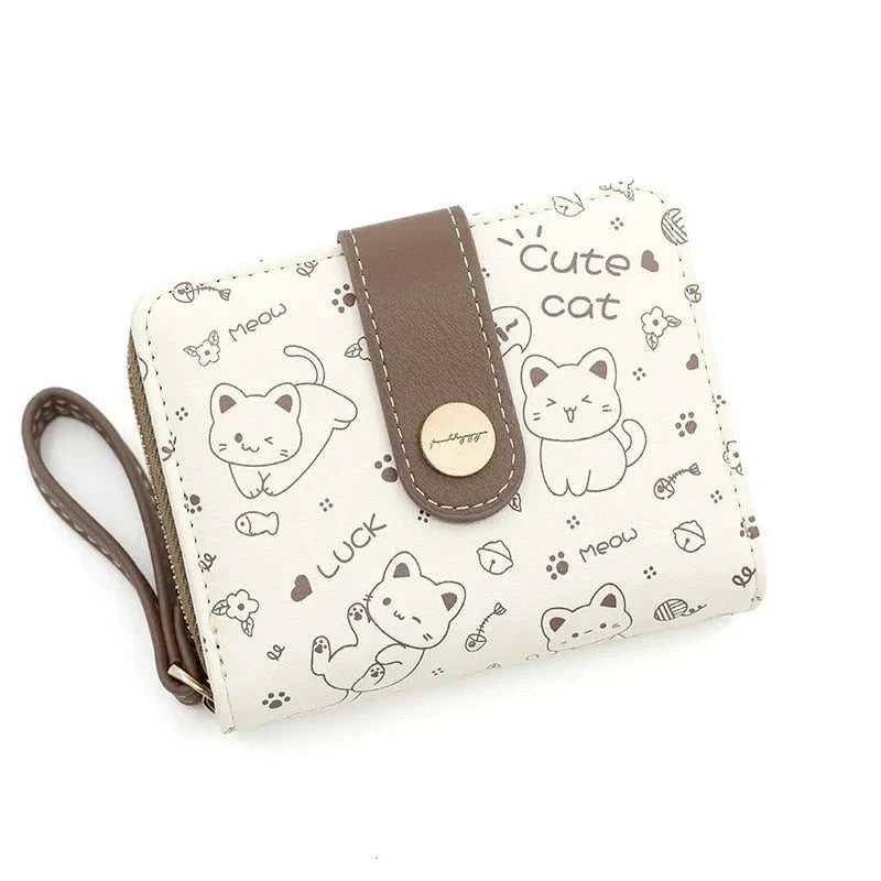 Stylish cat-themed compact wallet with zippered coin pocket, card slots, and key storage