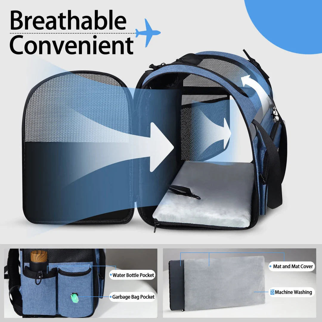 Airline-approved pet backpack carrier with breathable mesh windows, lockable zippers, and ergonomic design for comfortable pet travel