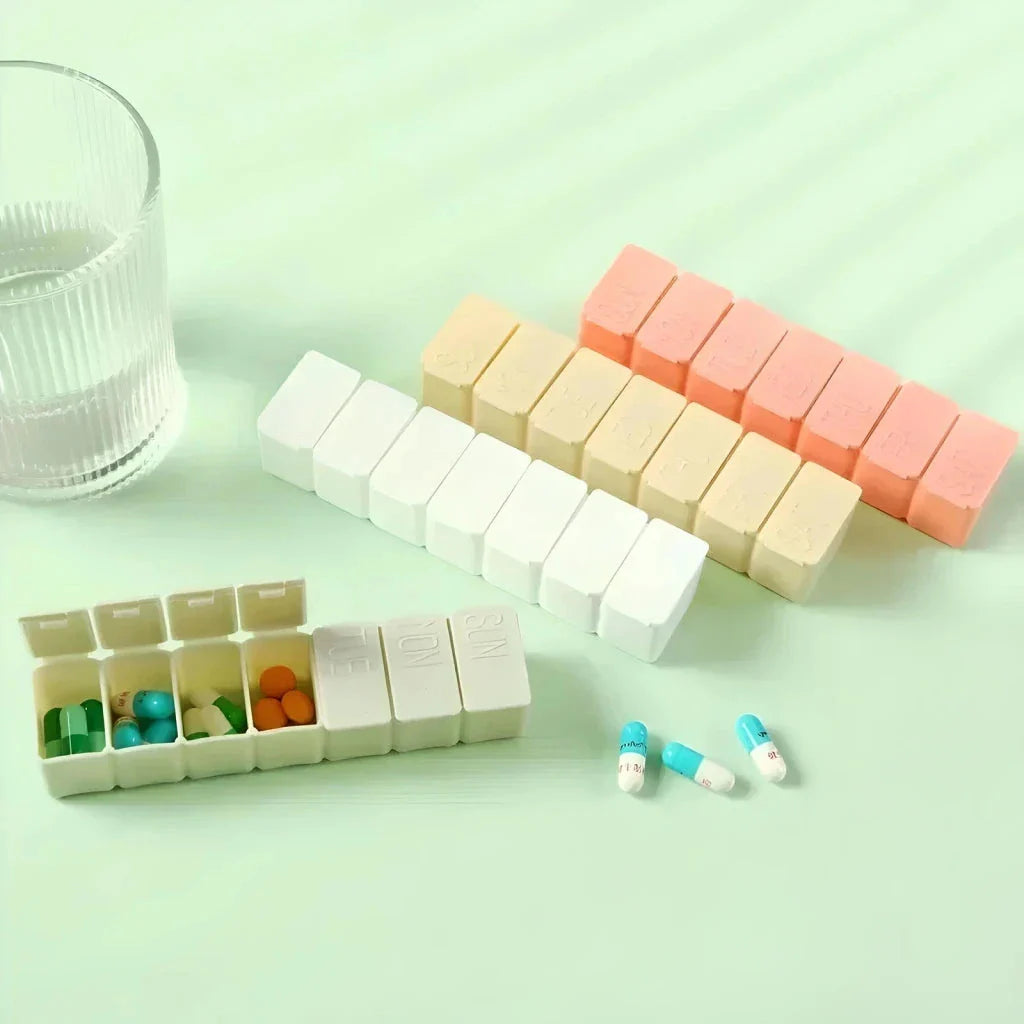 Colourful 7-day weekly pill organiser with clear compartments and lettering for easy medication management