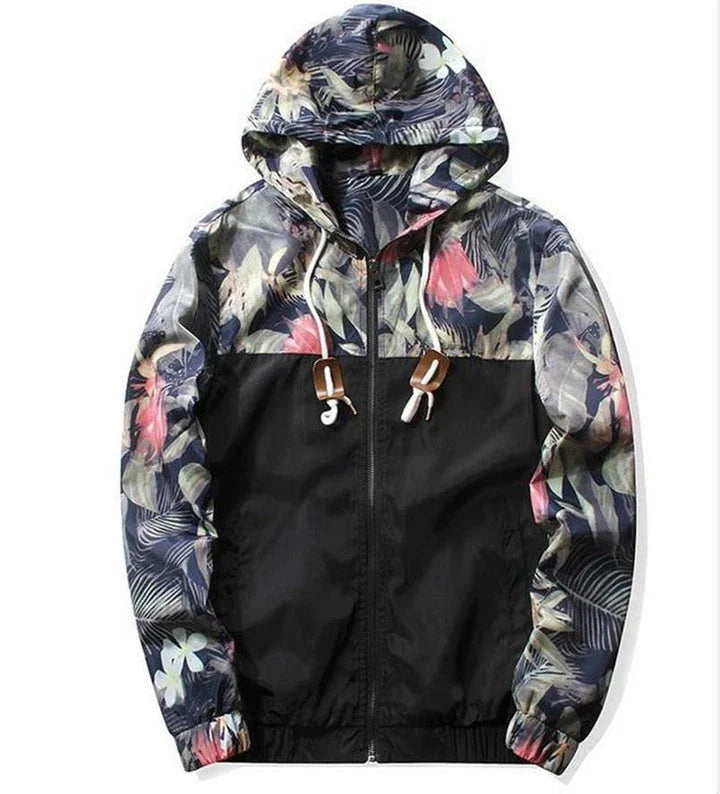Men's slim-fit hooded jacket with camouflage print, zippered pocket, and premium chemical fibre blend fabric