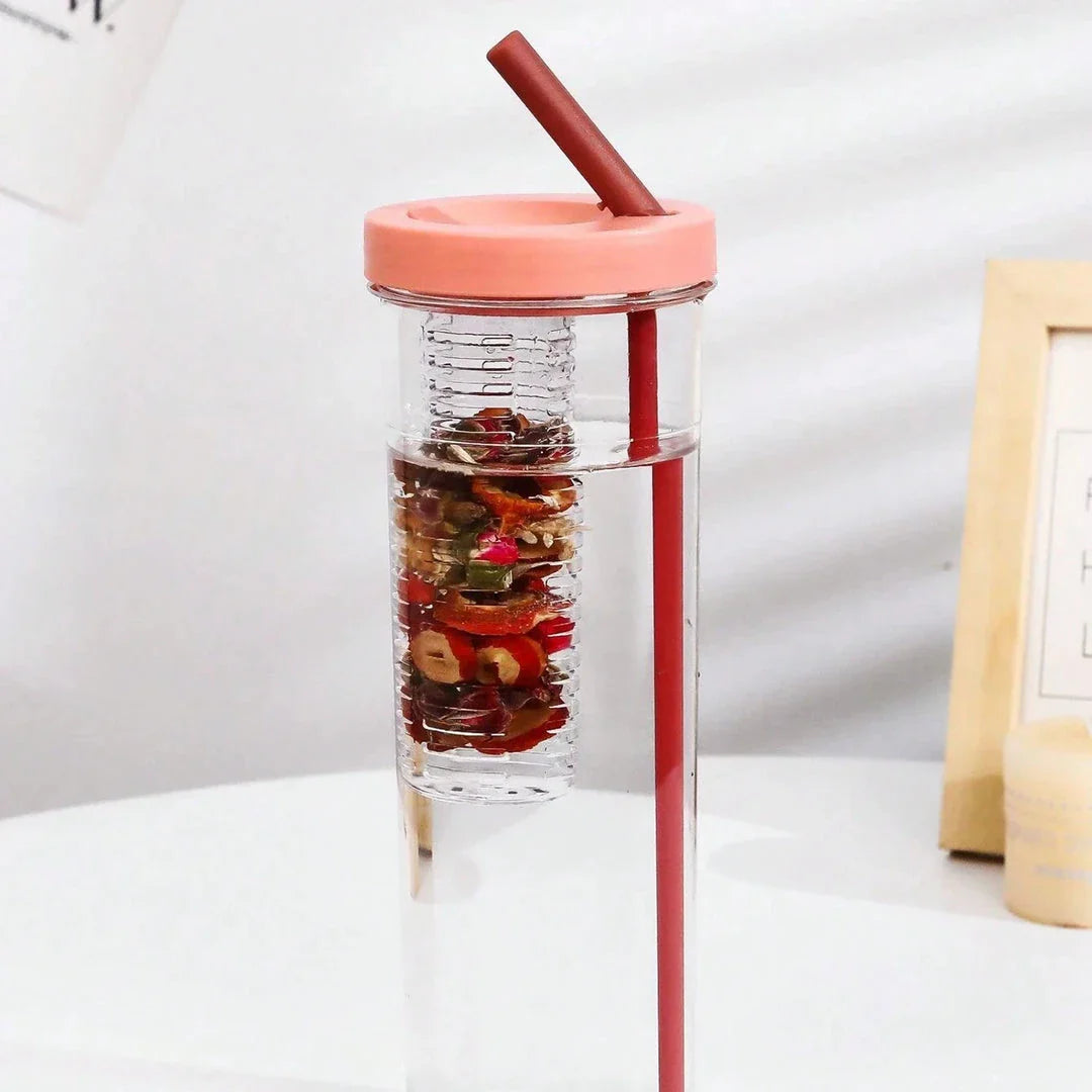A transparent 700ml drinking bottle with a straw and built-in lemon filter, perfect for staying hydrated on the go.