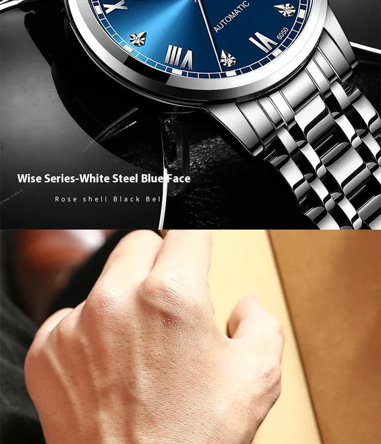 Premium automatic mechanical watch with leather strap, featuring a stainless steel case, luminous hands and markers, and a stylish British-inspired design